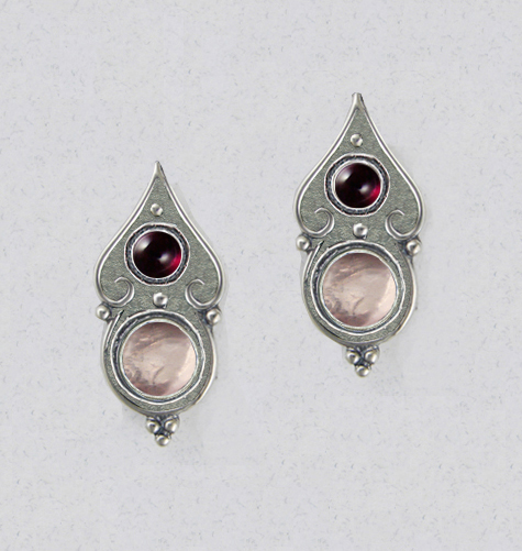 Sterling Silver Gothic Look Post Stud Earrings With Rose Quartz And Garnet